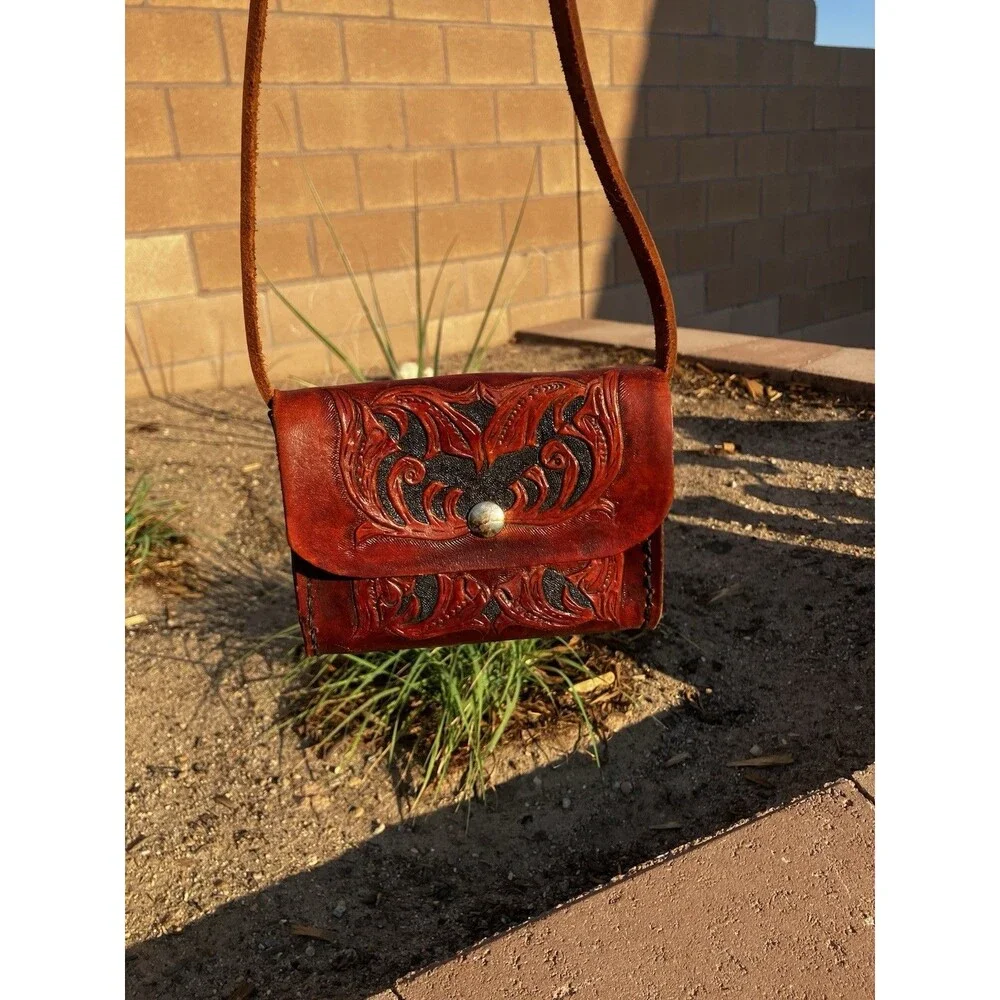 VTG Hand- Tooled Leather Mini Crossbody Purse Western Boho Mexican Artisan